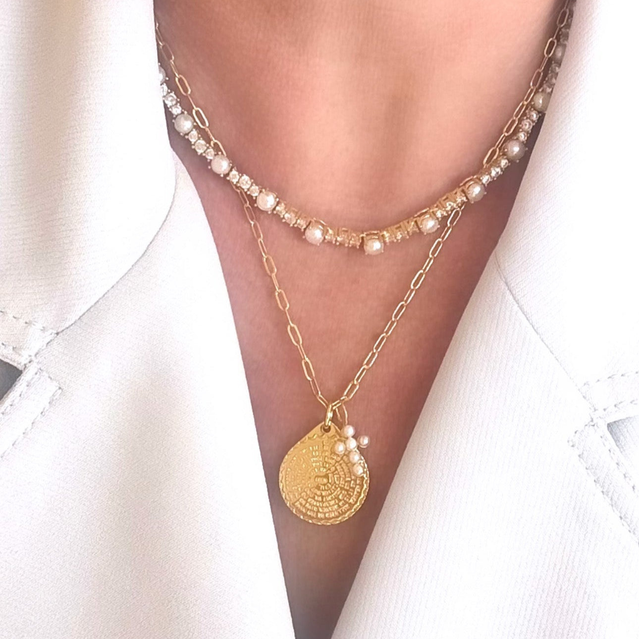 Lord's Prayer Medallion Chain with Pearl Cross