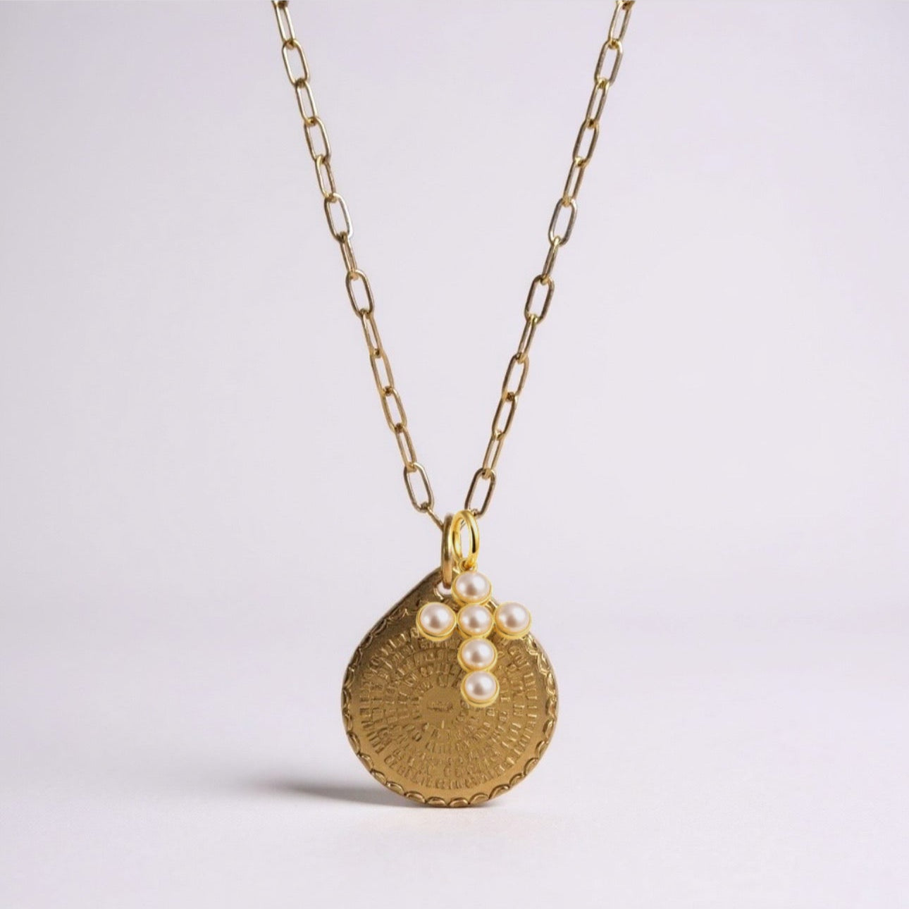 Lord's Prayer Medallion Chain with Pearl Cross