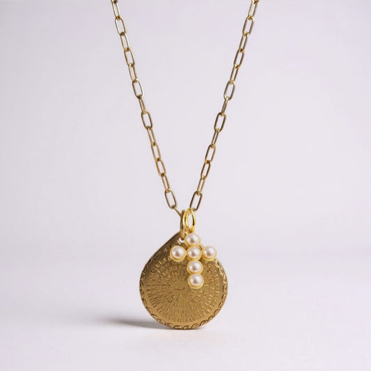 Lord's Prayer Medallion Chain with Pearl Cross